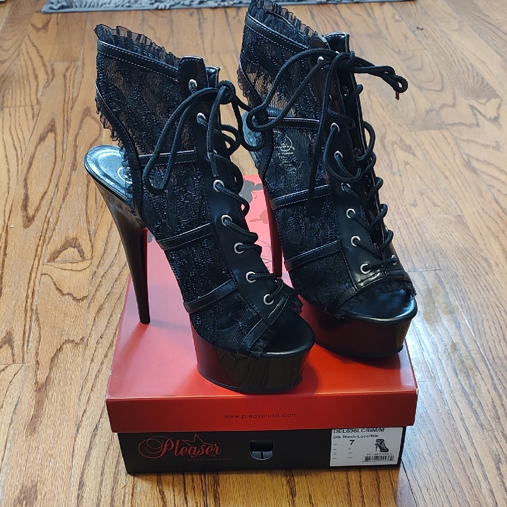 Pleaser Black Lace-Up Peep-Toe Heels